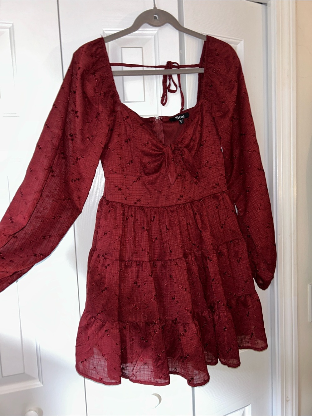 Trixxi Burgundy Tie-Front Long Sleeve Tiered Mini Dress